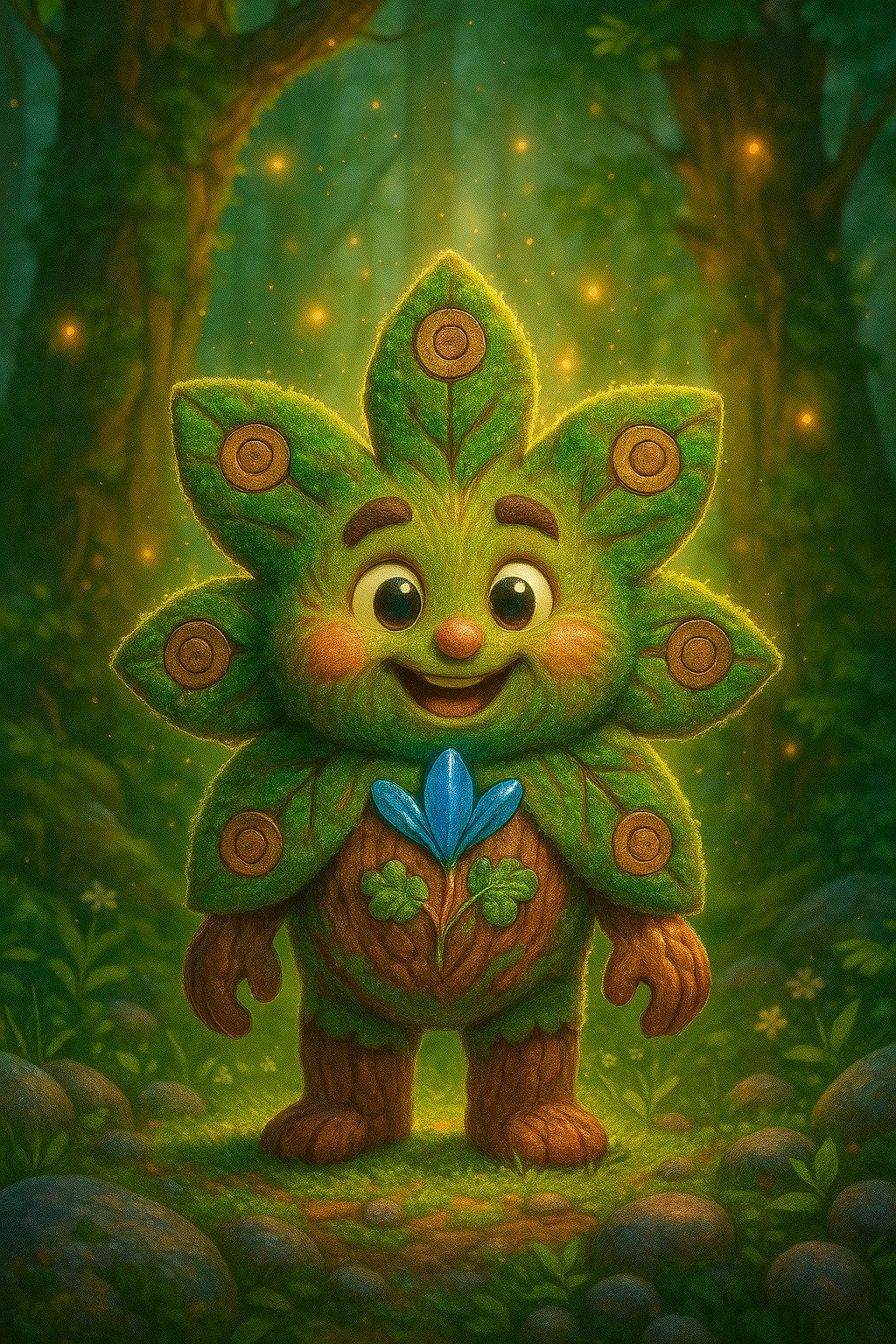 Illustrazione di Luminia, una folletta dai colori cangianti, che esplora il Bosco Sempreverde insieme a un piccolo drago blu di nome Zaffiro.